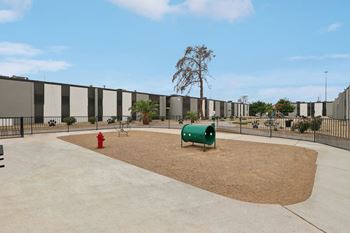 Fenced dog park with agility tunnel, open run space, and convenient waste station